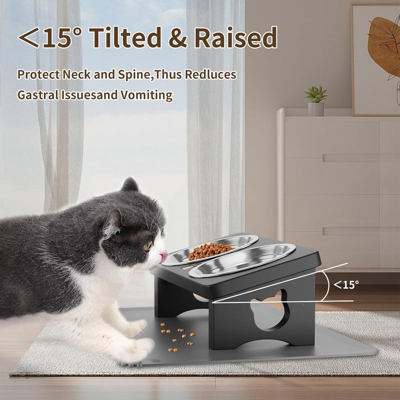 INNVVIS Elevated Cat Bowls with Silicone Mat, 15° Tilted Solid Wood Stand, Raised Stainless Steel Food & Water Dishes for Cats and Small Dogs, Anti-Vomiting Design(Natural) - Image 5